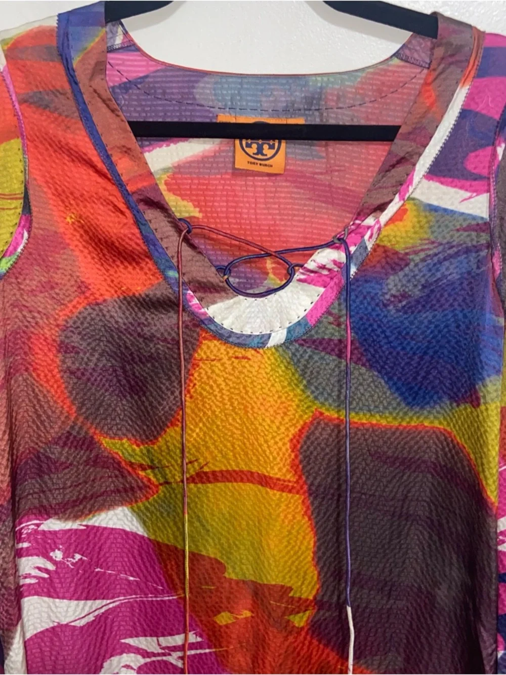 Tory Burch Top Womens Size 10 Hammered Silk Long Sleeve Blouse Tassels Abstract